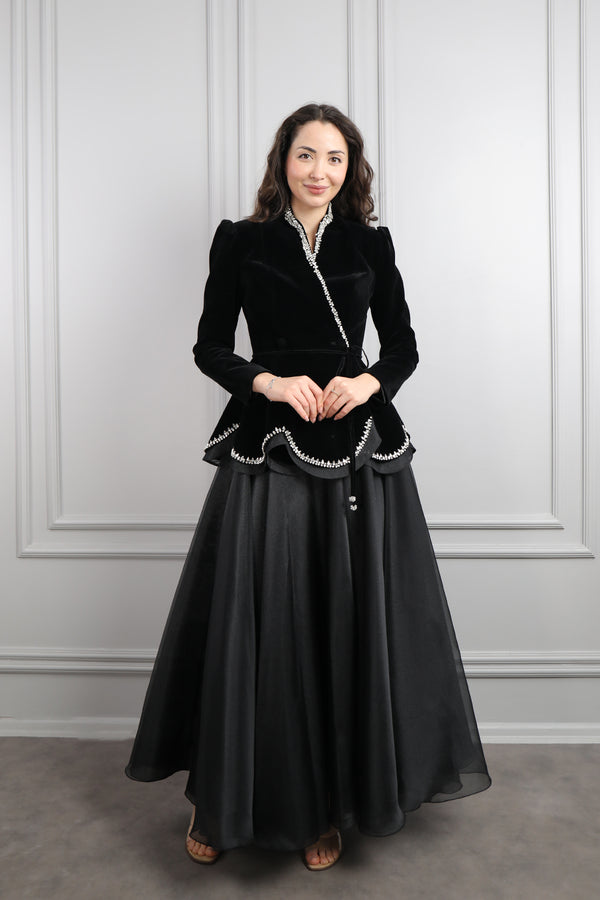 Ceketi Taş İşlemeli Kadife Etek Takım Siyah