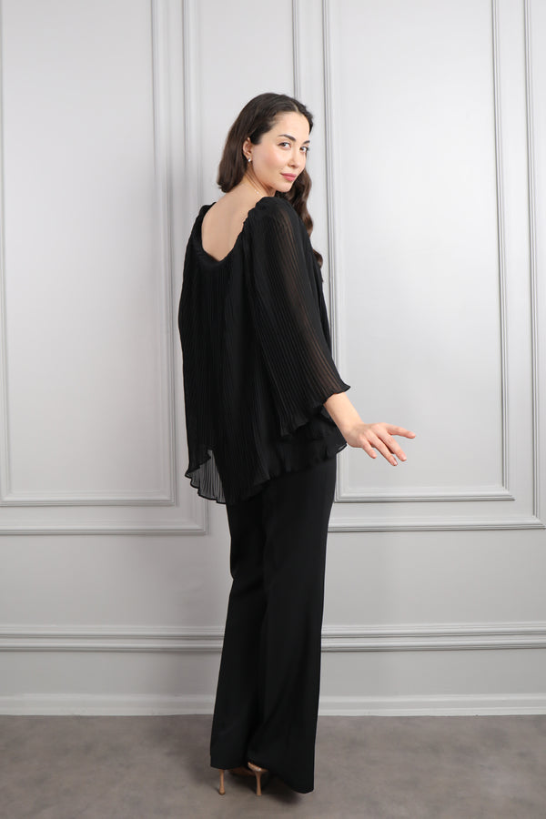 Geniş Yaka Beli Kemerli Pileli Büyük Beden Pantolon Takım Siyah