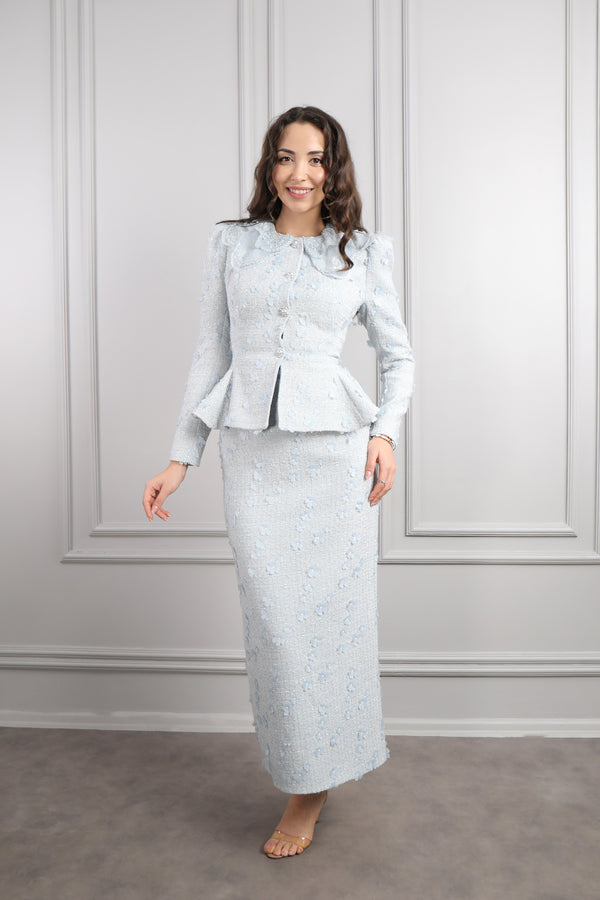 Bebe Yaka Çiçek Detaylı Tüvit Etek Takım Mavi