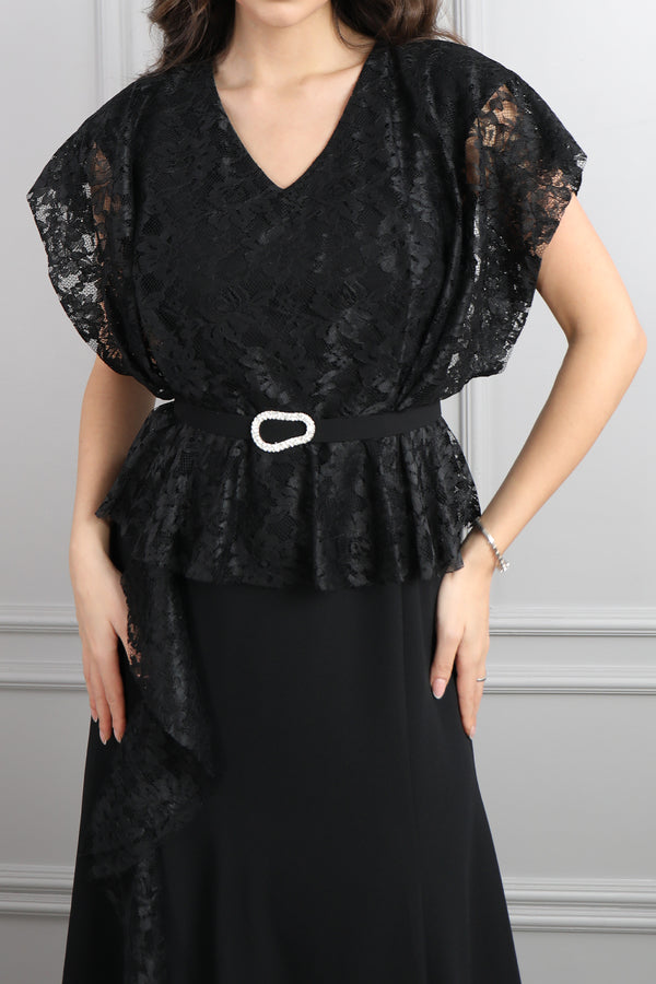 Yarasa Kol Beli Kemerli Dantel Detaylı Büyük Beden Elbise Siyah