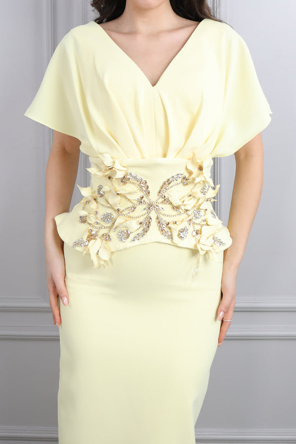 Yarasa Kol Taş İşlemeli Korsesi Pelerin Detaylı Abiye Sarı