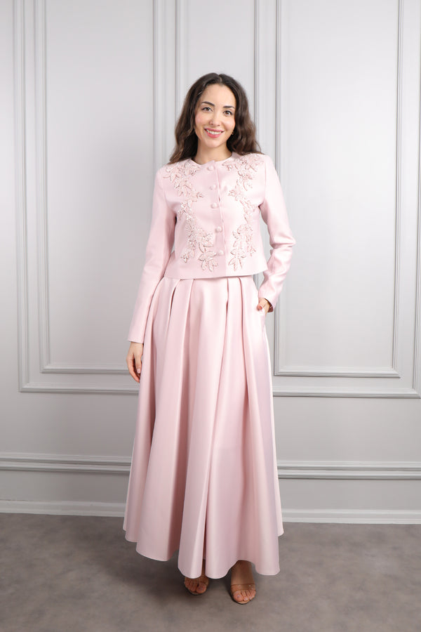Ceketi Düğme Detaylı Boncuk İşlemeli Etek Takım Pudra
