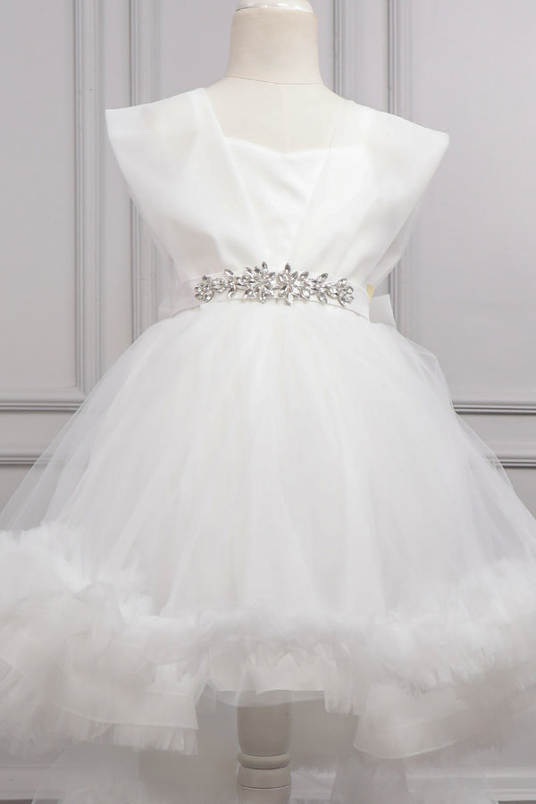 Beli Taş Detaylı Fırfırlı Çocuk Abiye Beyaz