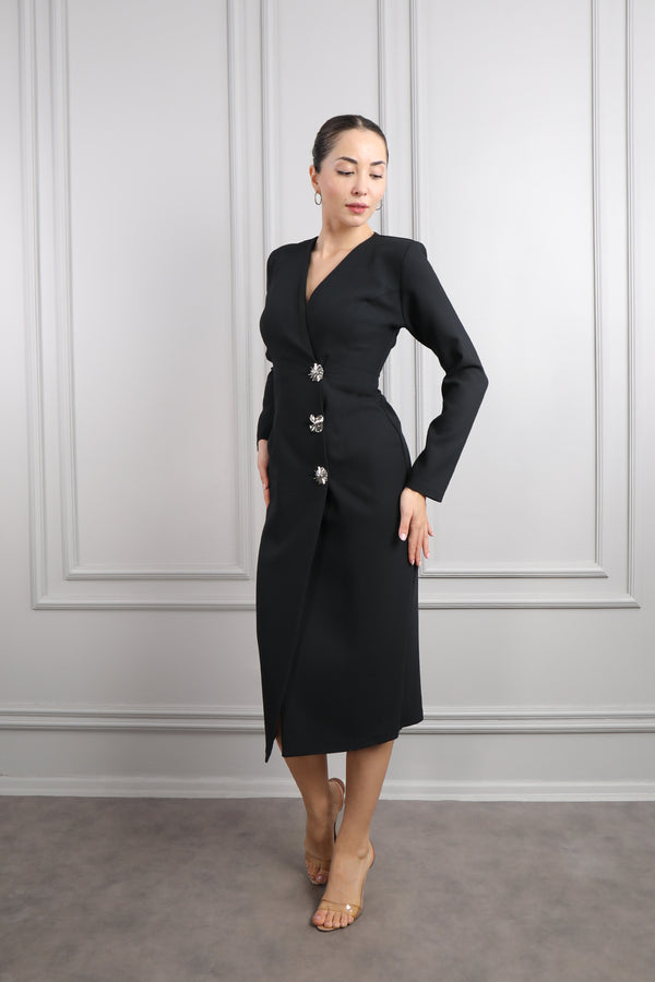 V Yaka Önü Gold Düğme Detaylı Midi Boy Elbise Siyah