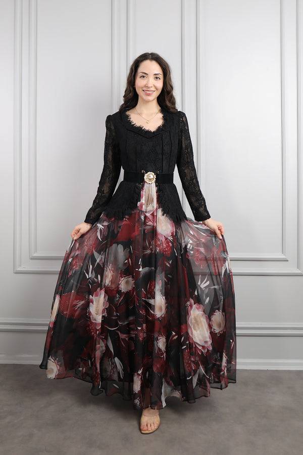 Beli Kemerli Dantelli Desenli Büyük Beden Şifon Elbise Siyah-Bordo