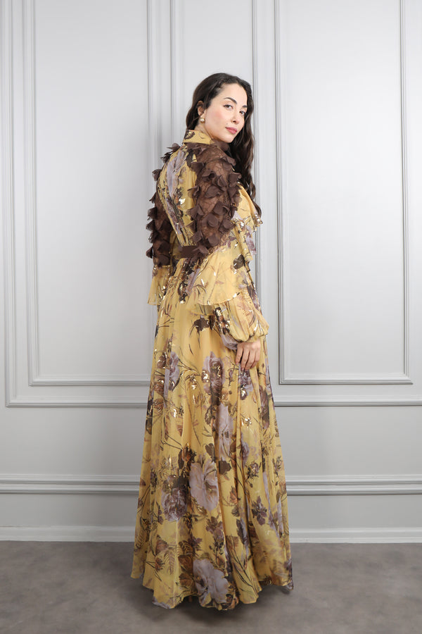 Omuzu Transparan Çiçek Detaylı Desenli Büyük Beden Şifon Elbise Sarı