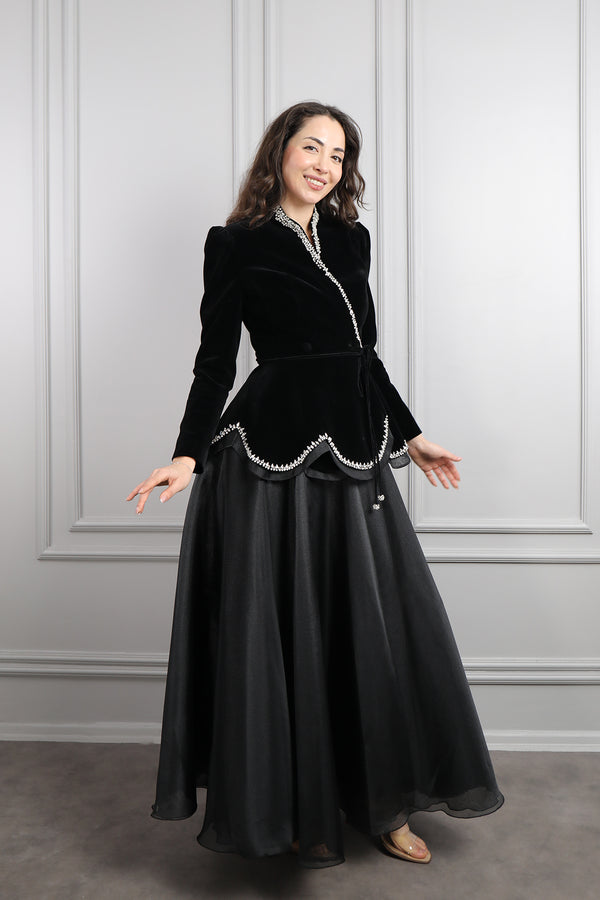 Ceketi Taş İşlemeli Kadife Etek Takım Siyah