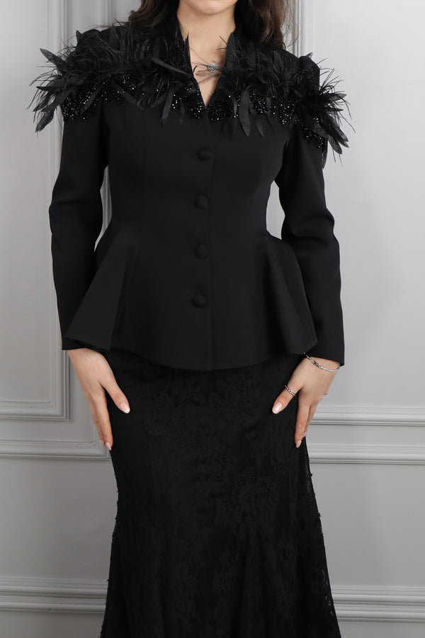 Omuzu Dantelli Tüy Detaylı Etek Takım Siyah