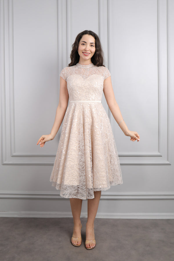 Hakim Yaka Üstü Transparan Simli Kısa Abiye Bej