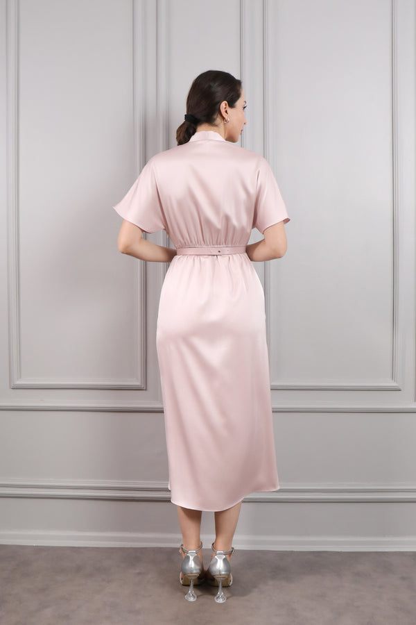 Yarasa Kol Beli Kemerli Midi Boy Saten Elbise