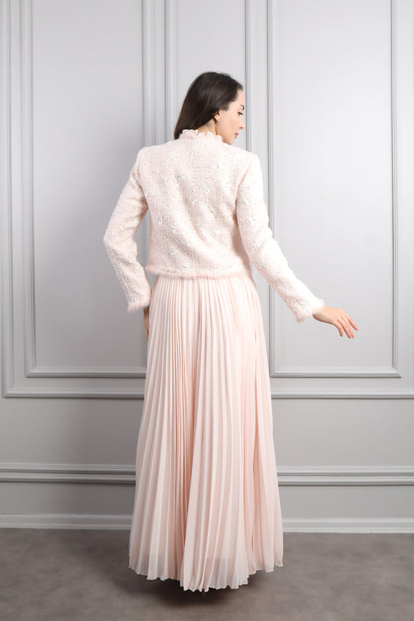 Ceketi Düğme Detaylı Tüvit Elbise Takım Pudra