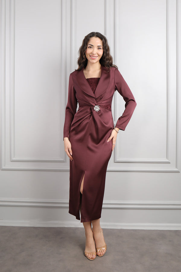Beli Düğüm Detaylı Dantelli Midi Boy Saten Elbise Bordo