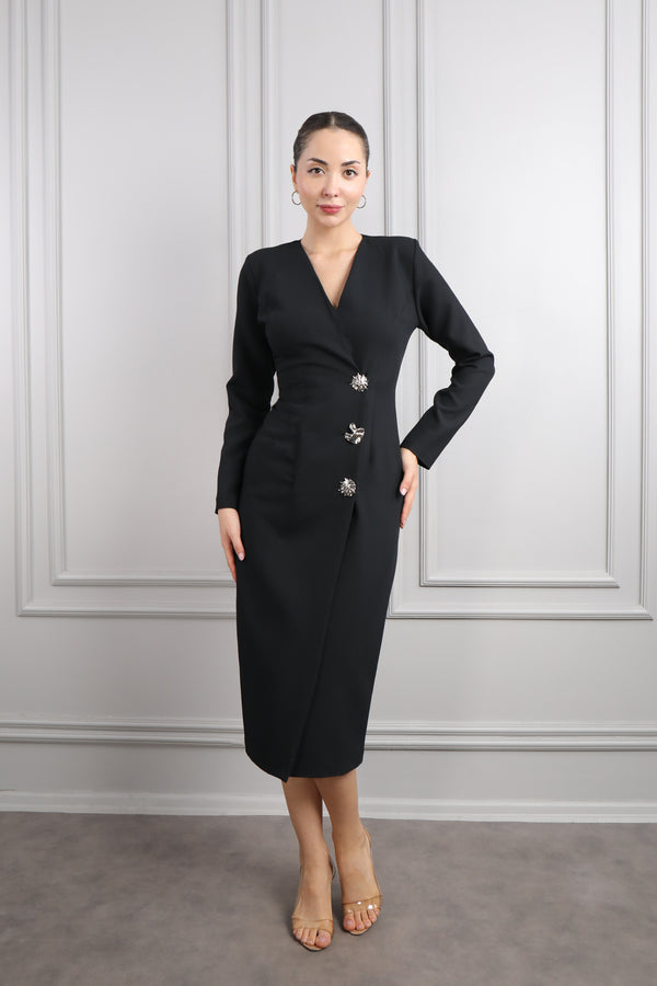 V Yaka Önü Gold Düğme Detaylı Midi Boy Elbise Siyah