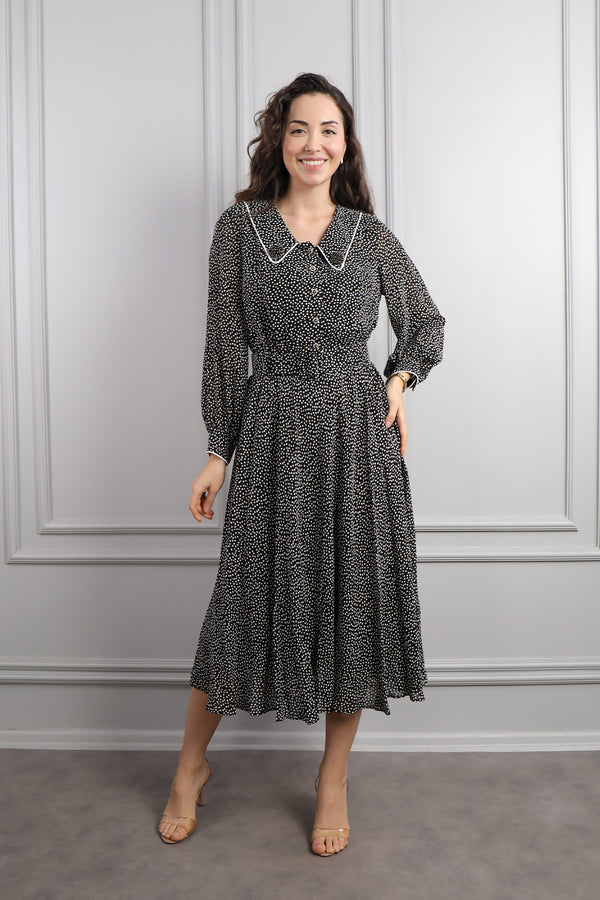 Bebe Yaka Beli Kemerli Desenli Büyük Beden Midi Boy Elbise Siyah