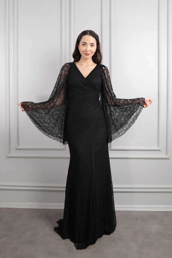 V Yaka Yarasa Kol İnci Detaylı Dantelli Büyük Beden Abiye Siyah