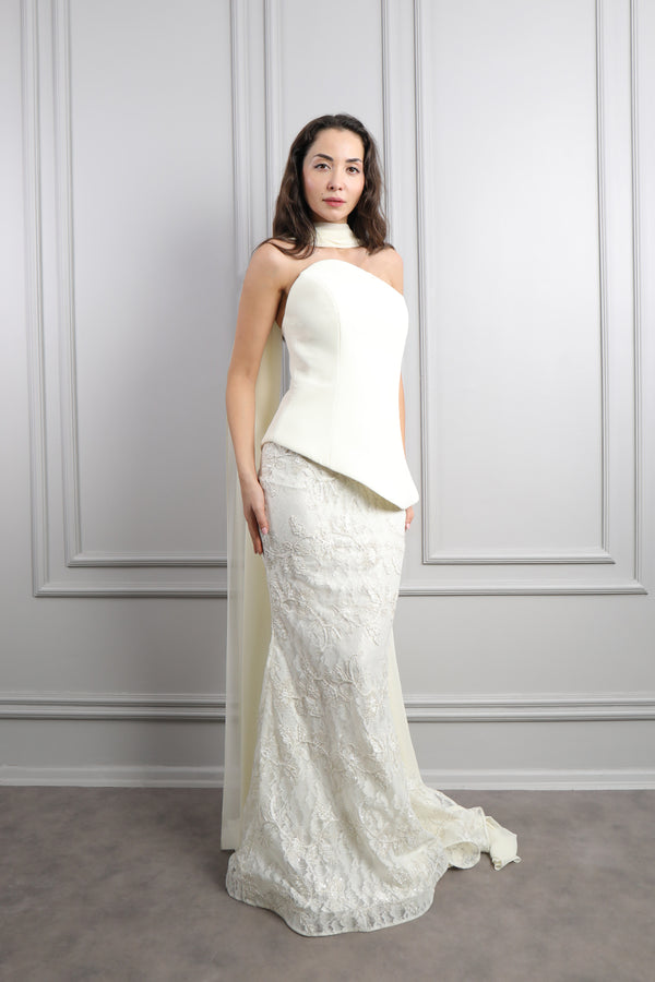 Straplez Fular Detaylı Dantelli Etek Takım Kemik