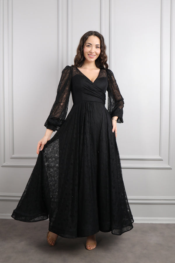 V Yaka Balon Kol Yırtmaçlı Büyük Beden Midi Boy Abiye Siyah