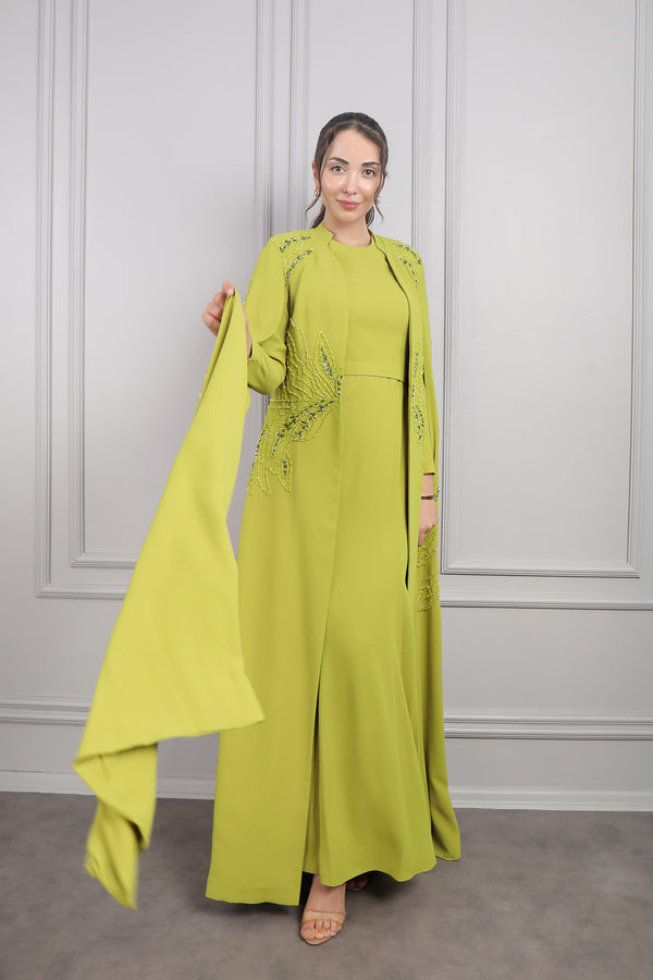 Boncuk İşlemeli Pelerin Detaylı İkili Abaya Takım F.Yeşil