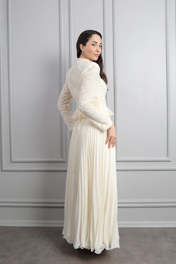 Ceketi Boncuk İşlemeli Çiçek Desenli Pileli Etek Takım Ekru