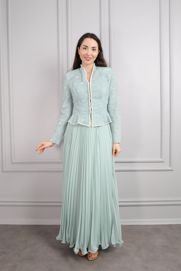 Ceketi Boncuk İşlemeli Çiçek Desenli Pileli Etek Takım Mint