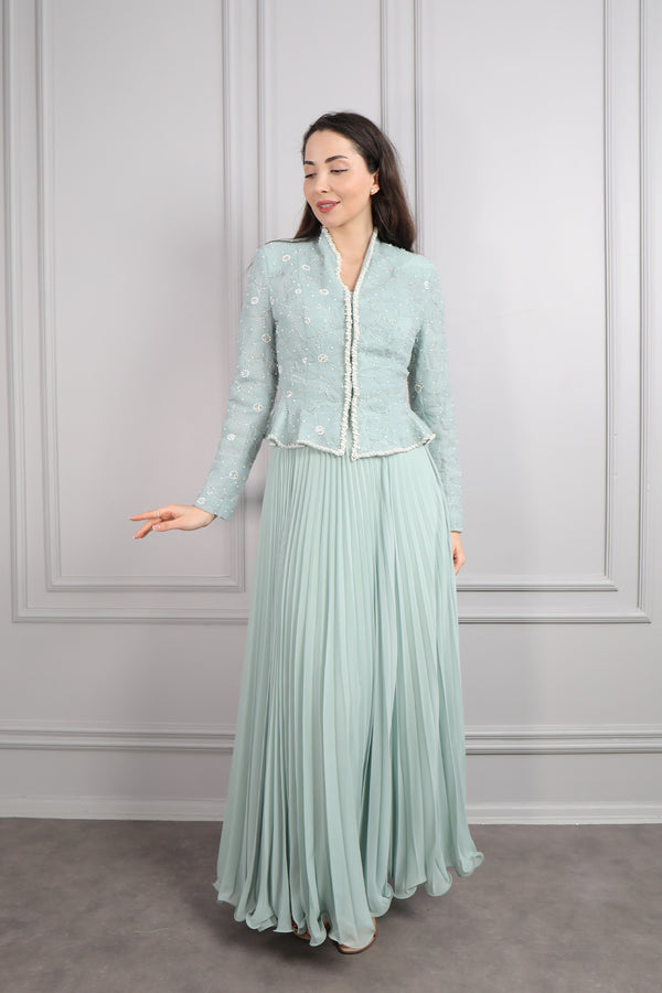 Ceketi Boncuk İşlemeli Çiçek Desenli Pileli Etek Takım Mint