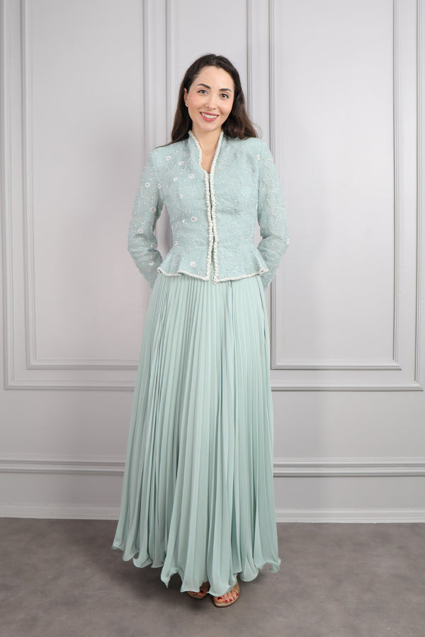 Ceketi Boncuk İşlemeli Çiçek Desenli Pileli Etek Takım Mint