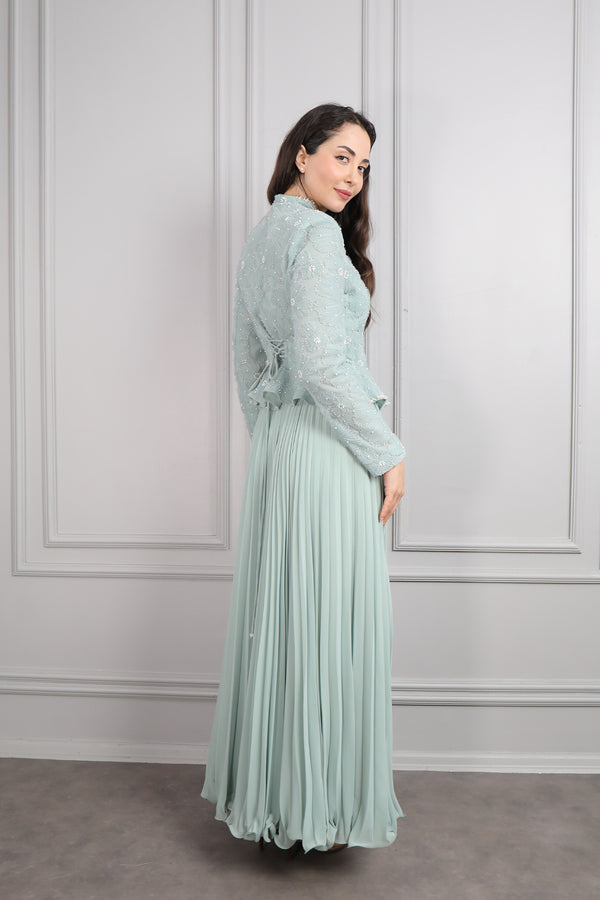 Ceketi Boncuk İşlemeli Çiçek Desenli Pileli Etek Takım Mint