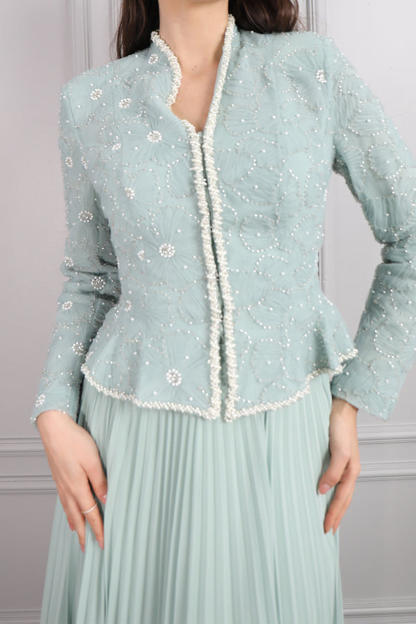 Ceketi Boncuk İşlemeli Çiçek Desenli Pileli Etek Takım Mint