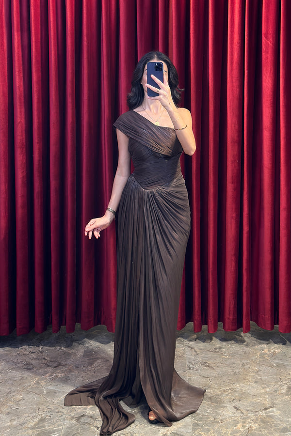 Tek Kol Drape Detaylı Abiye Kahve
