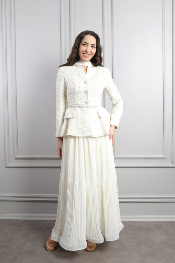 Önü Düğme Detaylı İnci Kemerli Tüvit Etek Takım Ekru