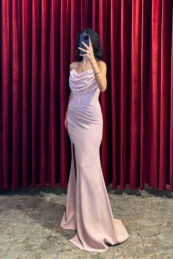 Degaje Yaka Drape Detaylı Abiye Pudra