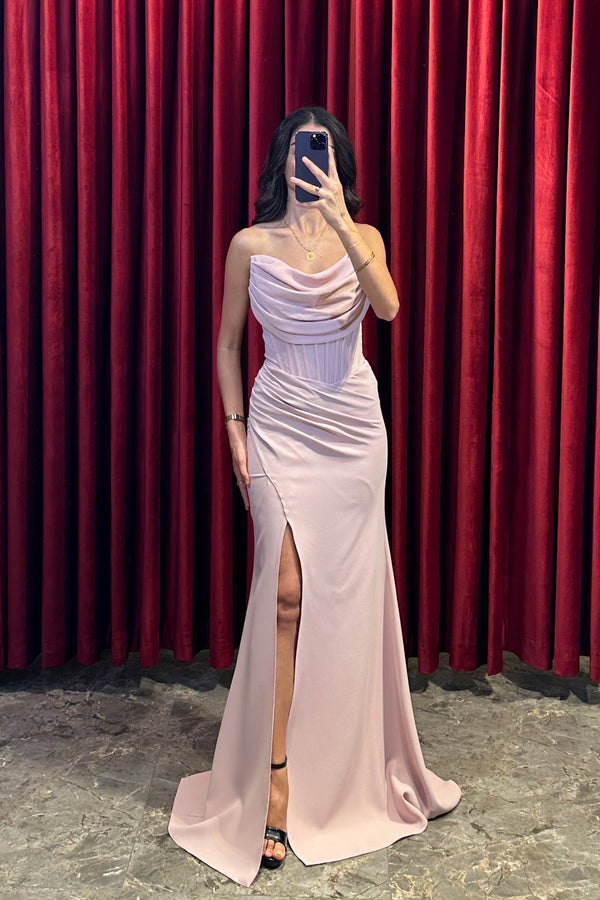 Degaje Yaka Drape Detaylı Abiye Pudra