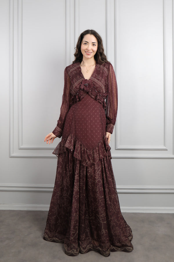 V Yaka Çiçek Detaylı Desenli Büyük Beden Şifon Elbise Mürdüm