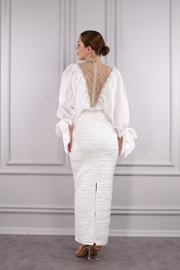 Yakası Taş İşlemeli Saten Etek Takım