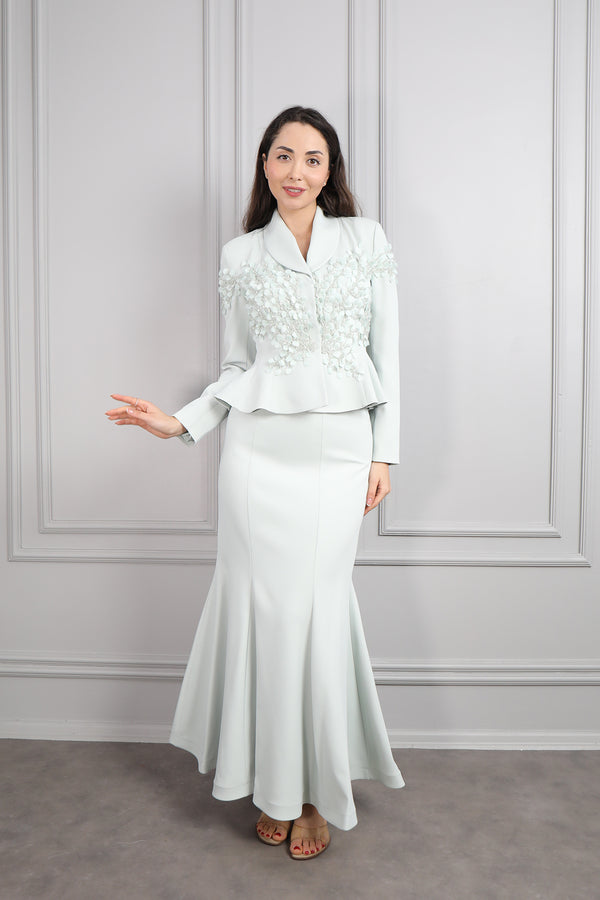 Ceketi İşlemeli Sırtı Bağlamalı Etek Takım Mint