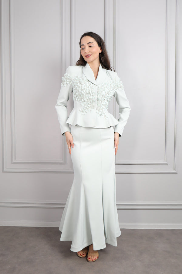 Ceketi İşlemeli Sırtı Bağlamalı Etek Takım Mint