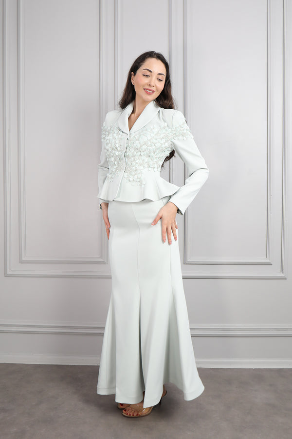 Ceketi İşlemeli Sırtı Bağlamalı Etek Takım Mint