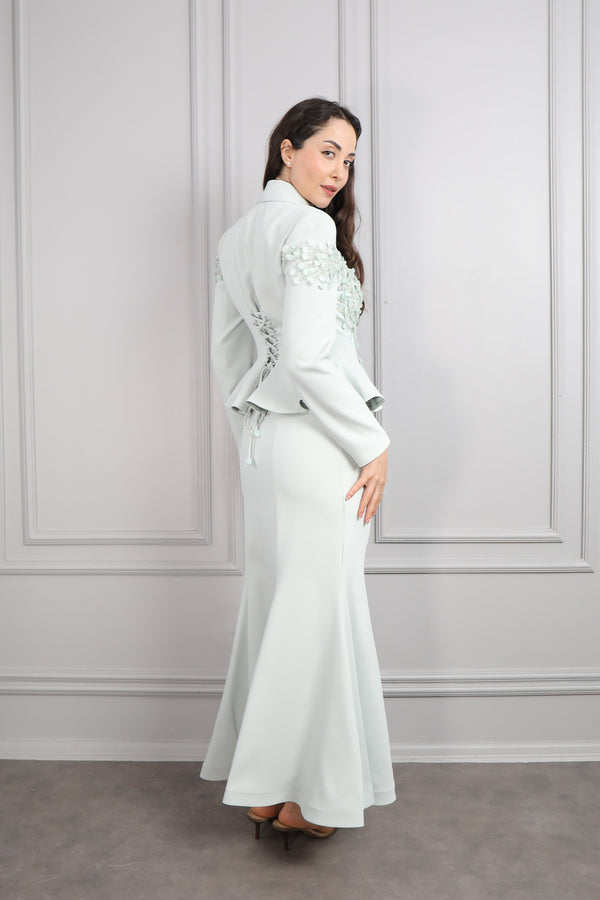 Ceketi İşlemeli Sırtı Bağlamalı Etek Takım Mint