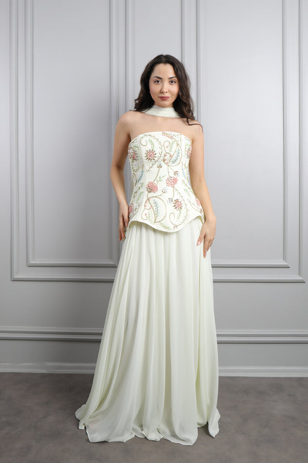 Straplez Korsesi Taş İşlemeli Fular Detaylı Şifon Abiye Kemik