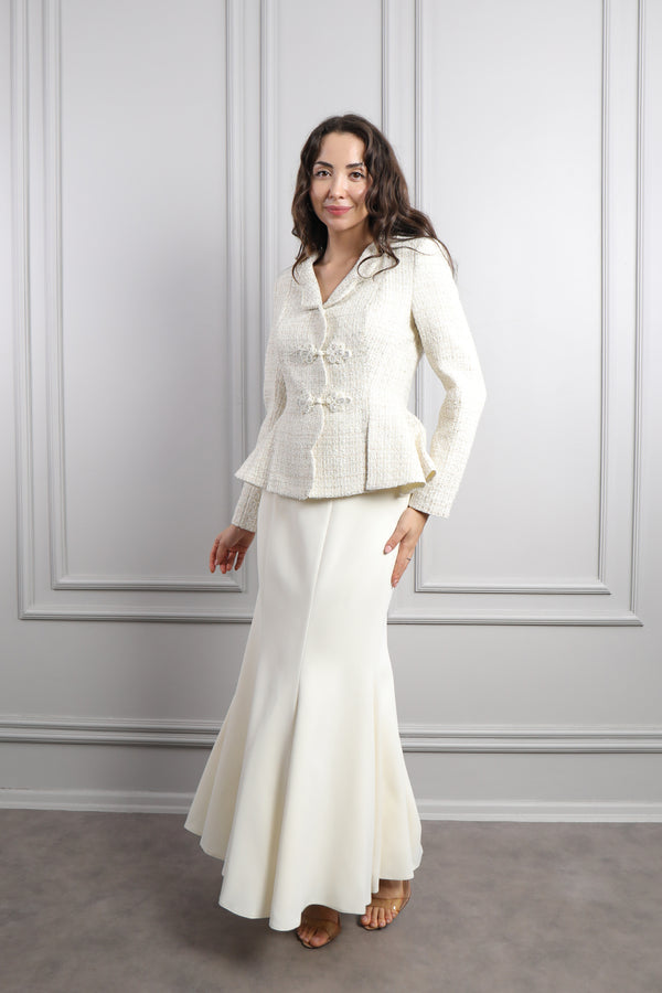 Boncuk Düğme Detaylı Tüvit Ceket Etek Takım Ekru