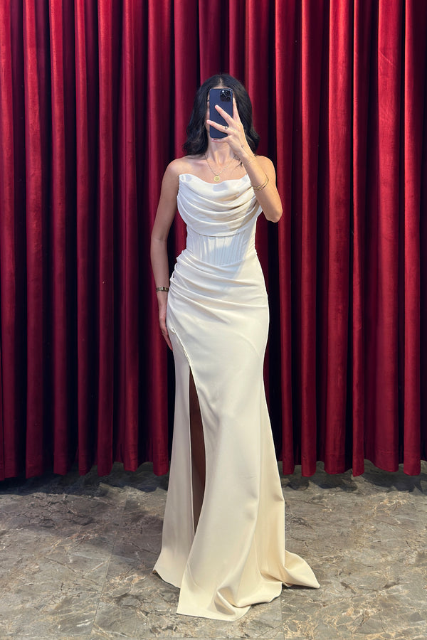 Degaje Yaka Drape Detaylı Abiye Bej