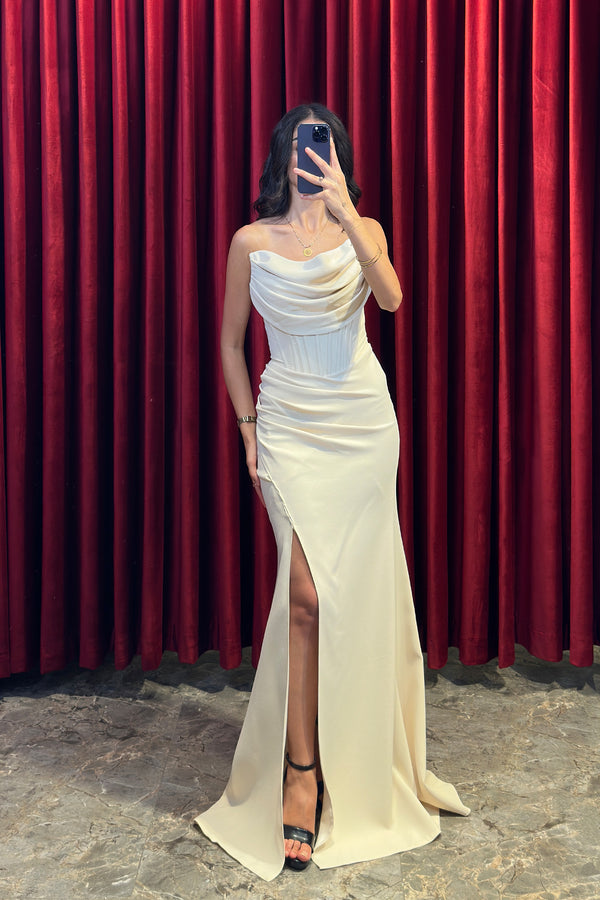 Degaje Yaka Drape Detaylı Abiye Bej