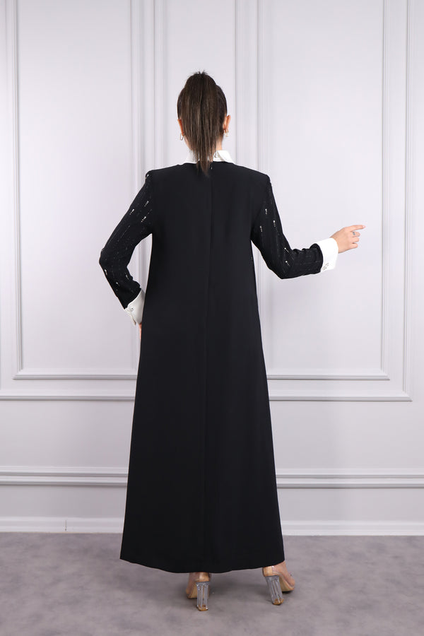 Gömlek Yaka Broş Detaylı Taş İşlemeli Elbise Siyah