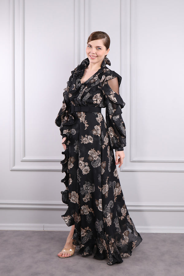 Yakası Çiçek Detaylı Omuzu Transparan Önü Fırfırlı Şifon büyük Beden Elbise Siyah