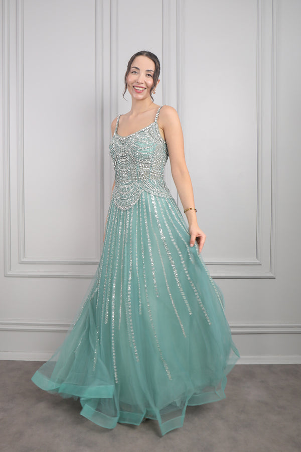 İnce Askılı Taş Ve Boncuk İşlemeli Tüllü Büyük Beden Tasarım Abiye Yeşil