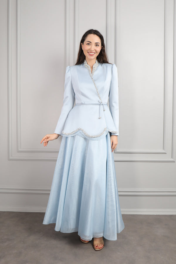 Ceketi Taş İşlemeli Beli Kuşaklı Saten Etek Takım Mavi