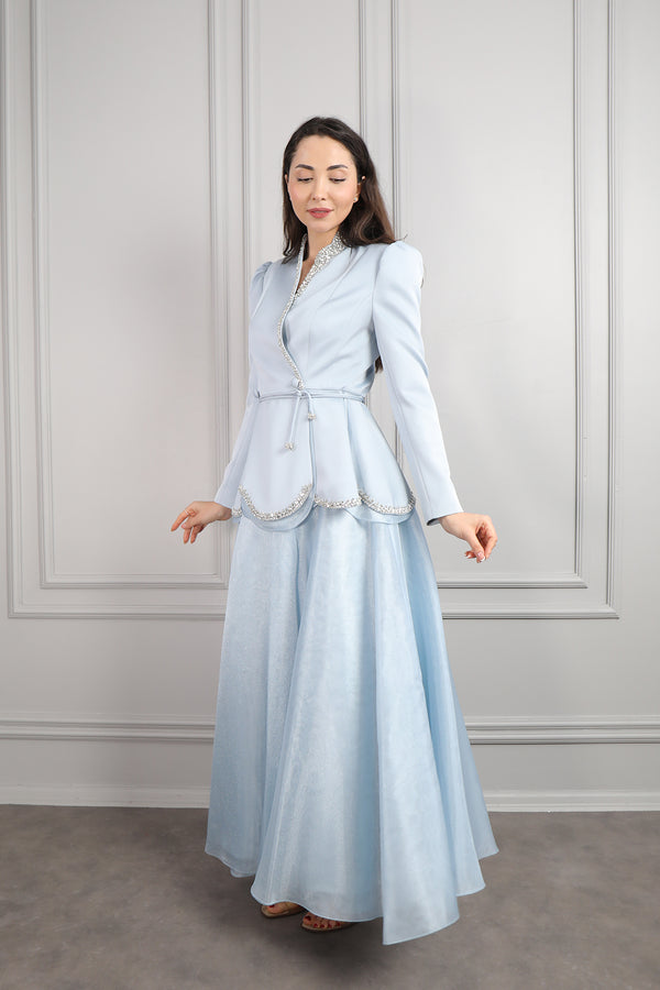 Ceketi Taş İşlemeli Beli Kuşaklı Saten Etek Takım Mavi