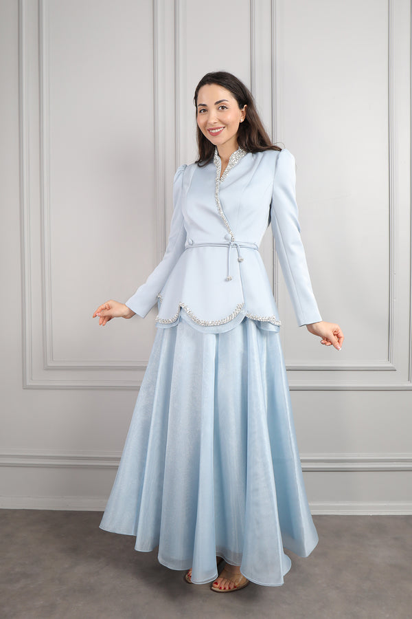 Ceketi Taş İşlemeli Beli Kuşaklı Saten Etek Takım Mavi