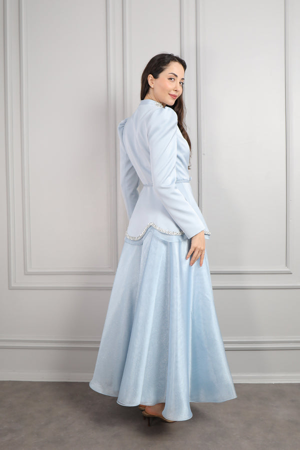 Ceketi Taş İşlemeli Beli Kuşaklı Saten Etek Takım Mavi