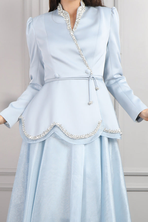 Ceketi Taş İşlemeli Beli Kuşaklı Saten Etek Takım Mavi